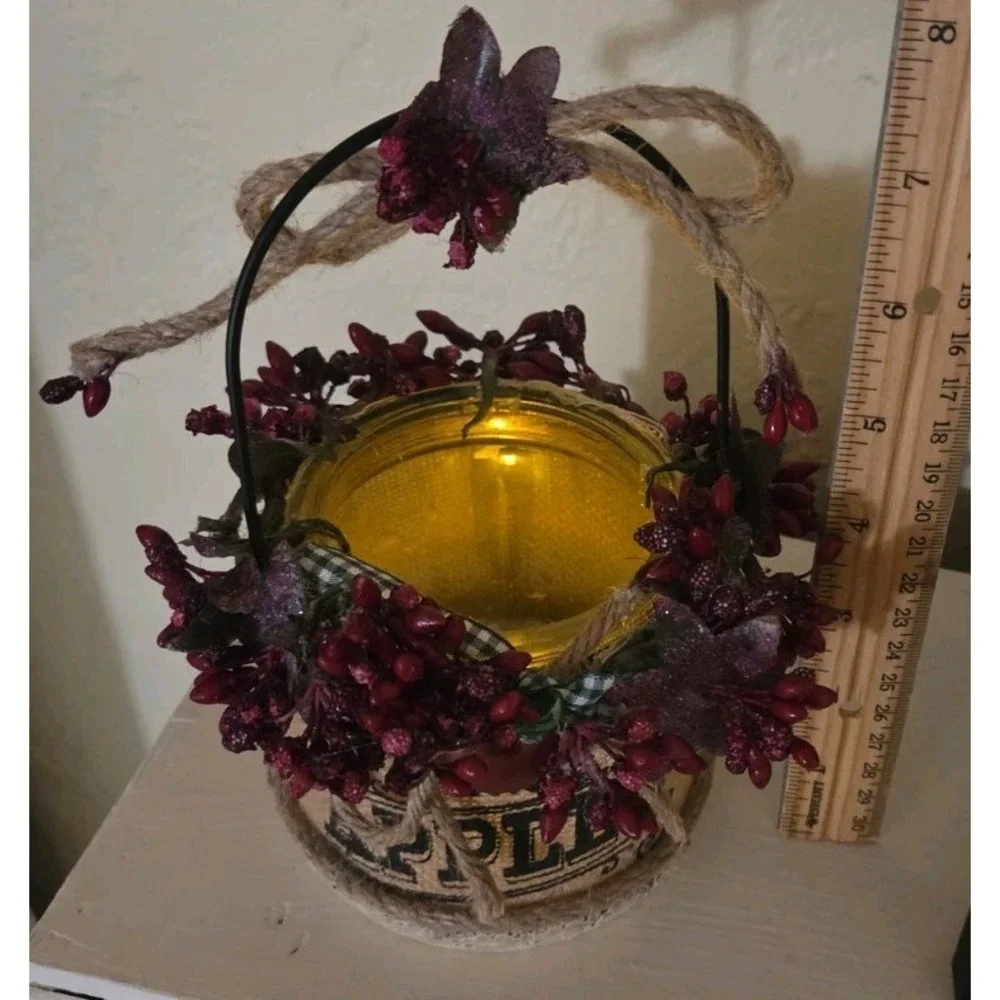 Vintage Glass Candle Holder Lantern‎ Jar Metal Handle Farmhouse Rustic Decor